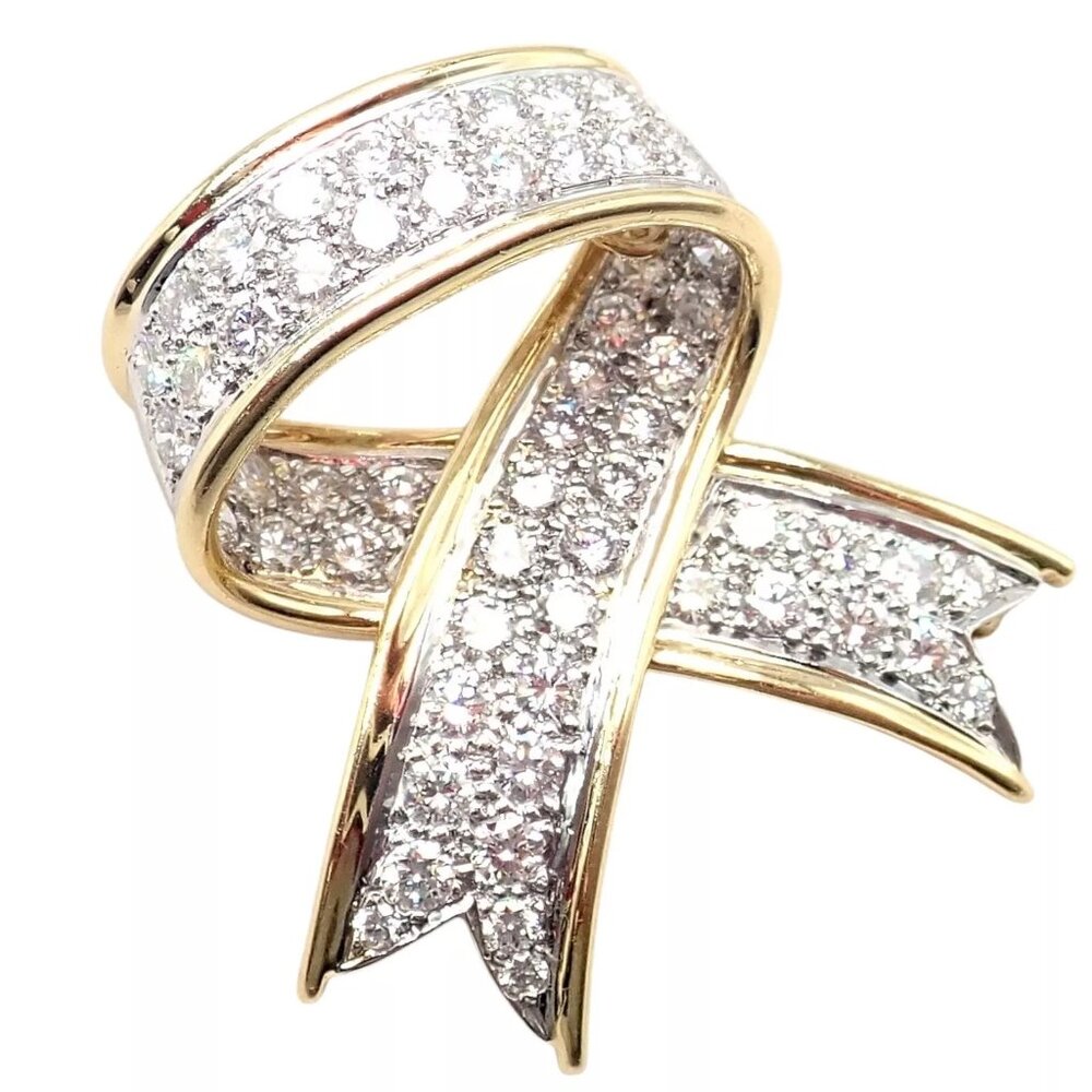 Vintage! Tiffany & Co 18k Yellow Gold Platinum Diamond Ribbon Bow Pin Brooch